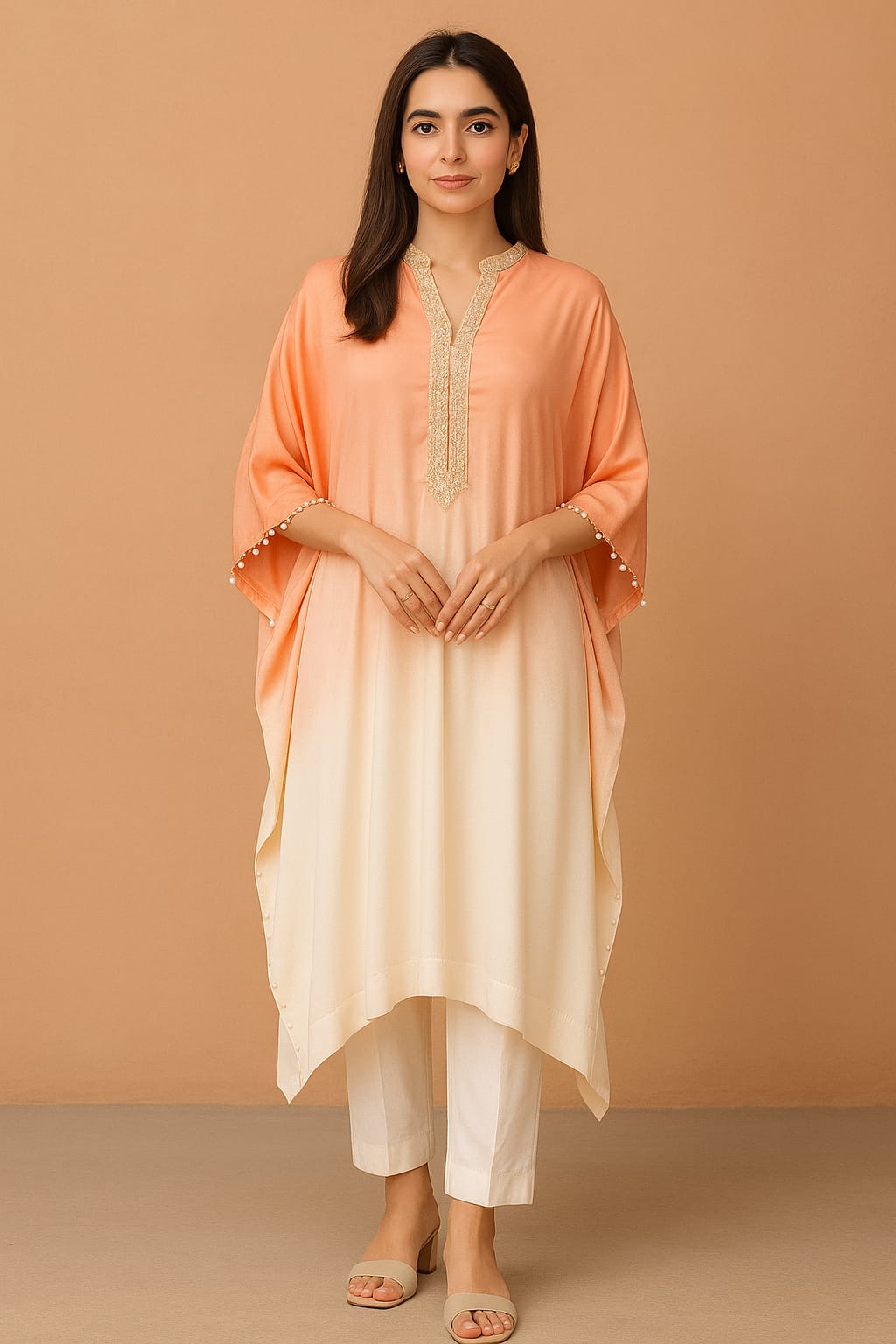 Silk kaaftan with embroidered neckline
